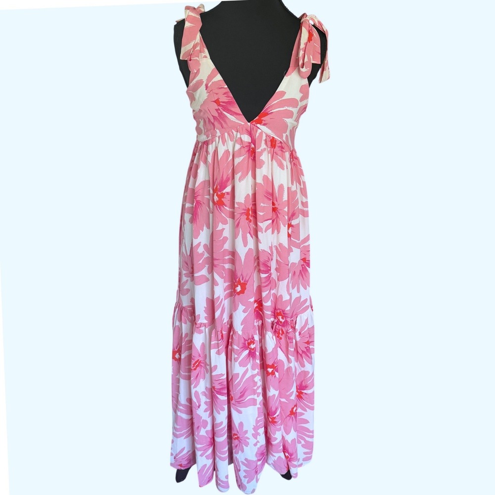 Lulus Pink White Floral Tiered Maxi Dress XS Tie Strap V-Neck Coquette Beach